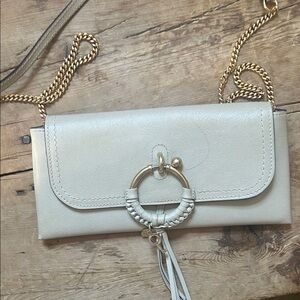 See By Chloe Cream Leather Clutch with Gold Chain